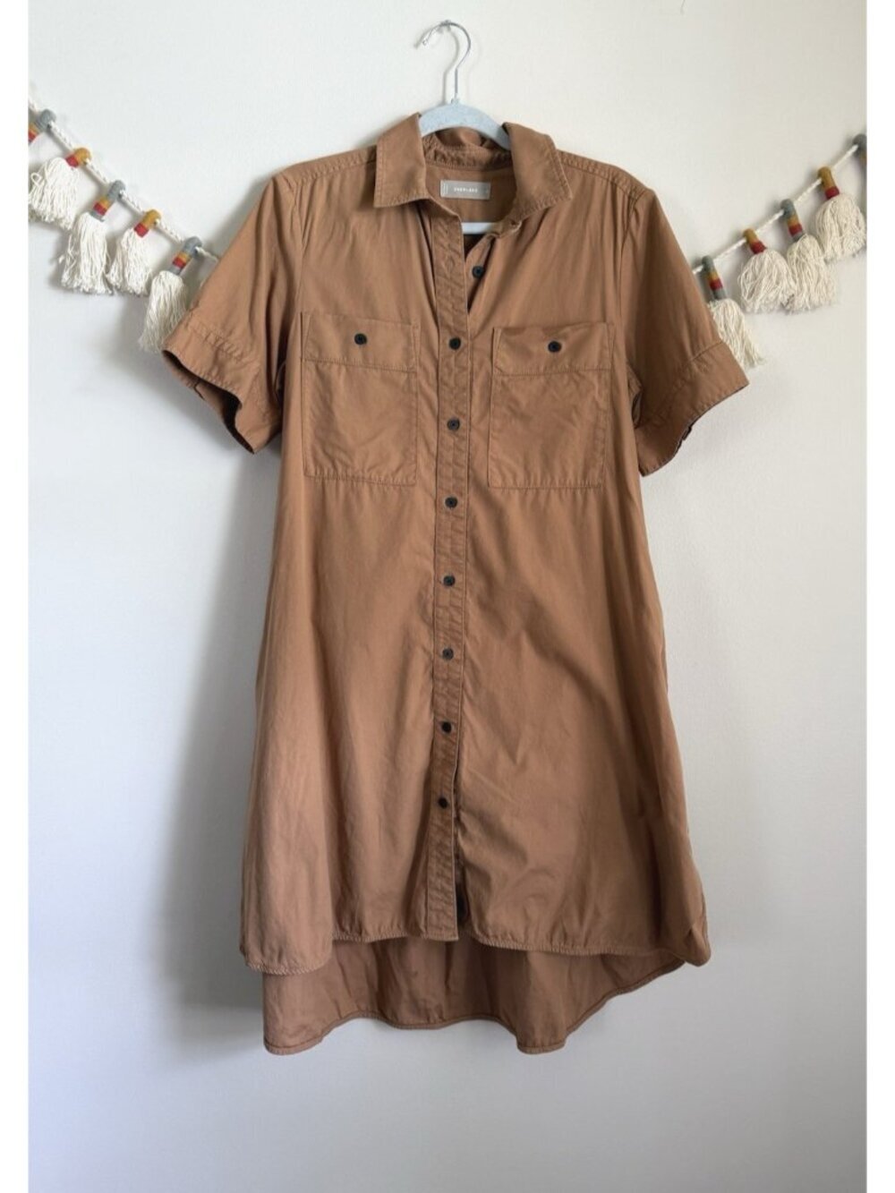 Everlane Daytripper Relaxed Utility Shirt Dress Tawny Brown Modest Minimalist S
